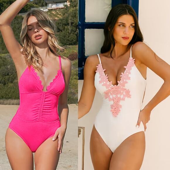 NWT Cupshe One-Piece Swimsuit Coconut Milk Lace-Up & Pink Scalloped Bundle Sz S - Picture 1 of 7